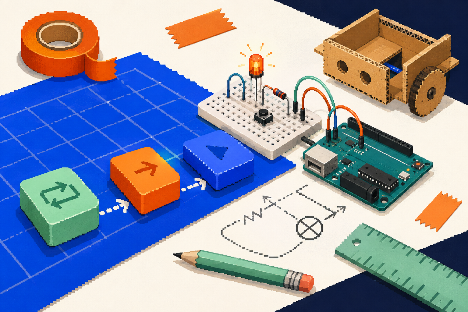 A pixel-art maker workbench with an Arduino, breadboard, rover, and coding blocks.
