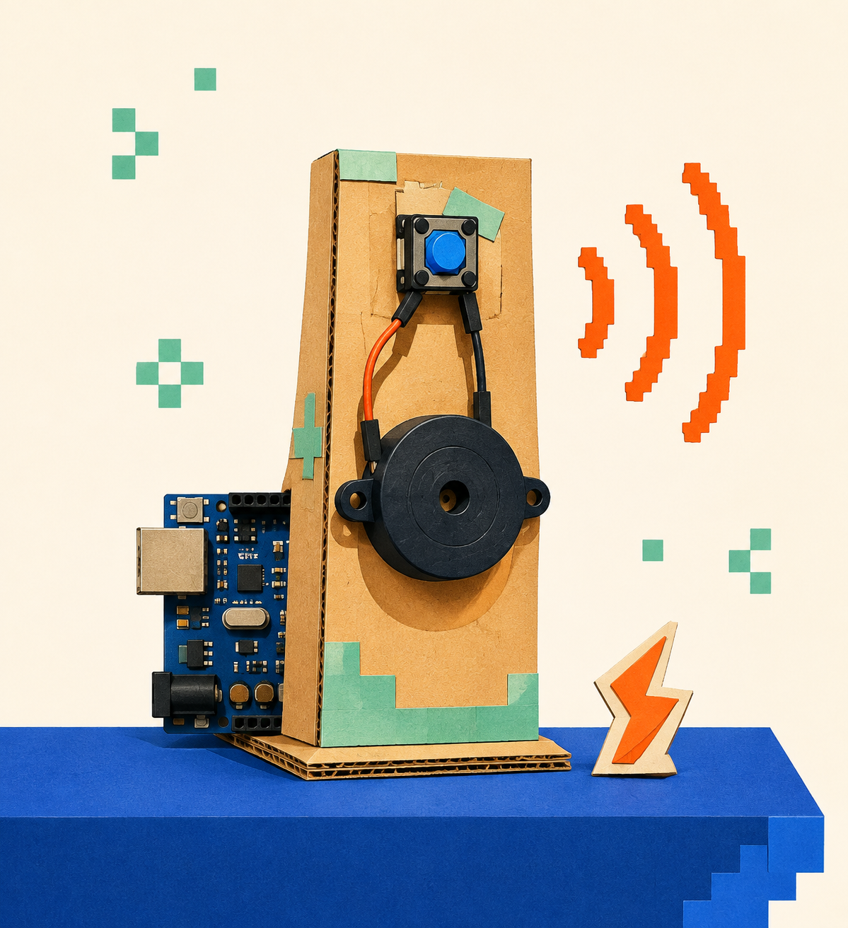 A cardboard Arduino alarm with a blue button and black buzzer.
