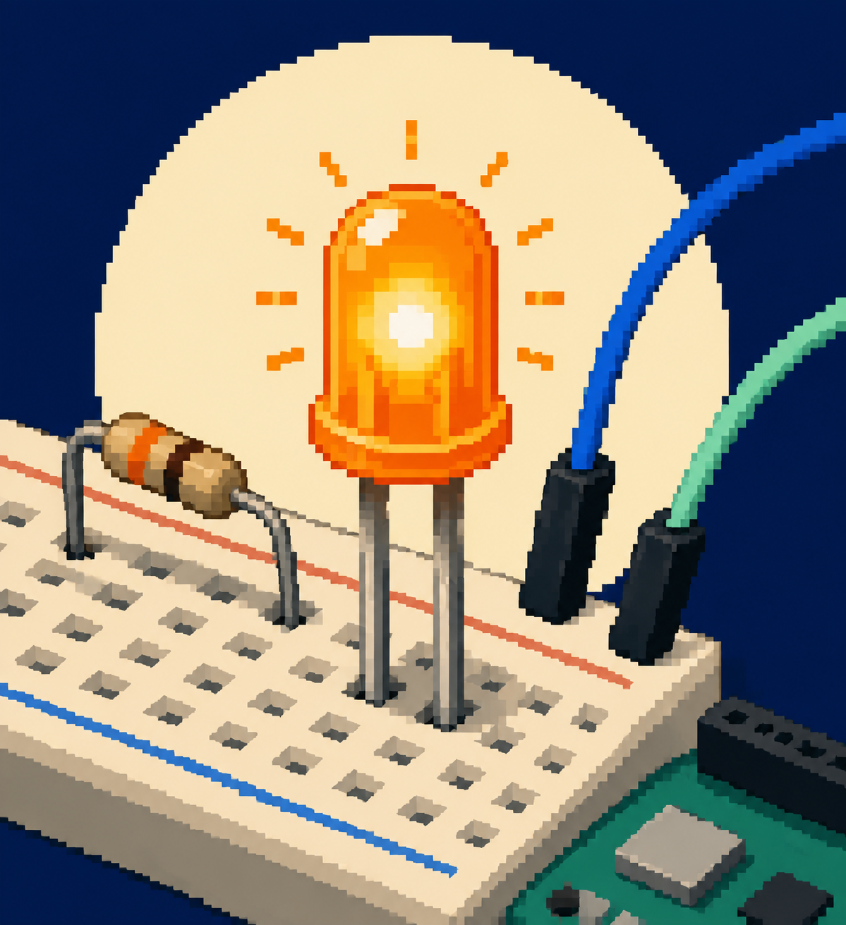 A glowing orange LED wired into a white breadboard.