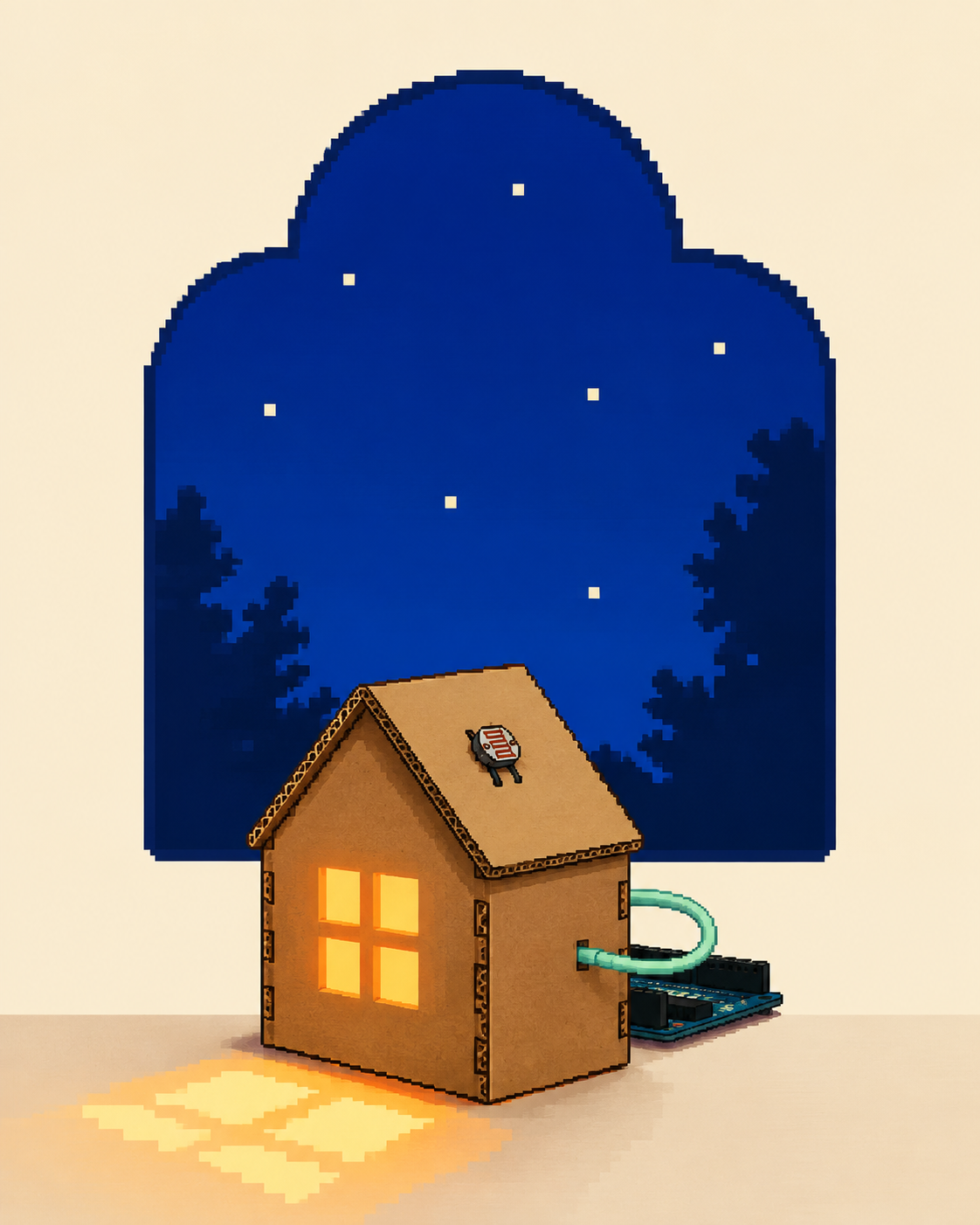 A cardboard night-light house with a glowing window and Arduino.